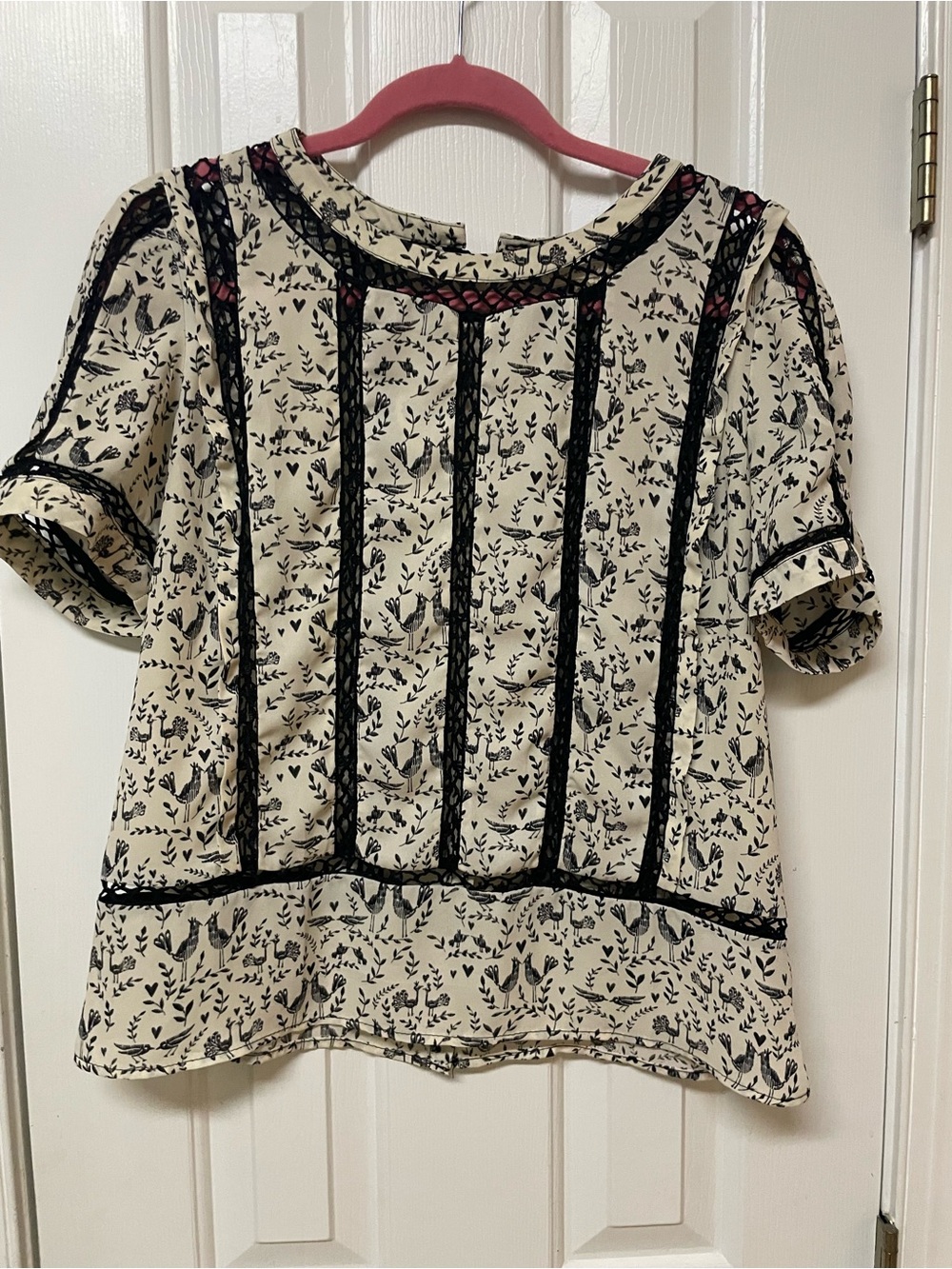 Meadow Rue Cream Floral Lace-Detail Short Sleeve Blouse